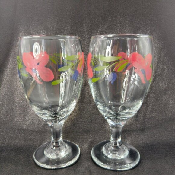 Libbey Barware Glasses Pink Flowers Water Goblet Drinking Glasses Set 2 VTG - Picture 2 of 14